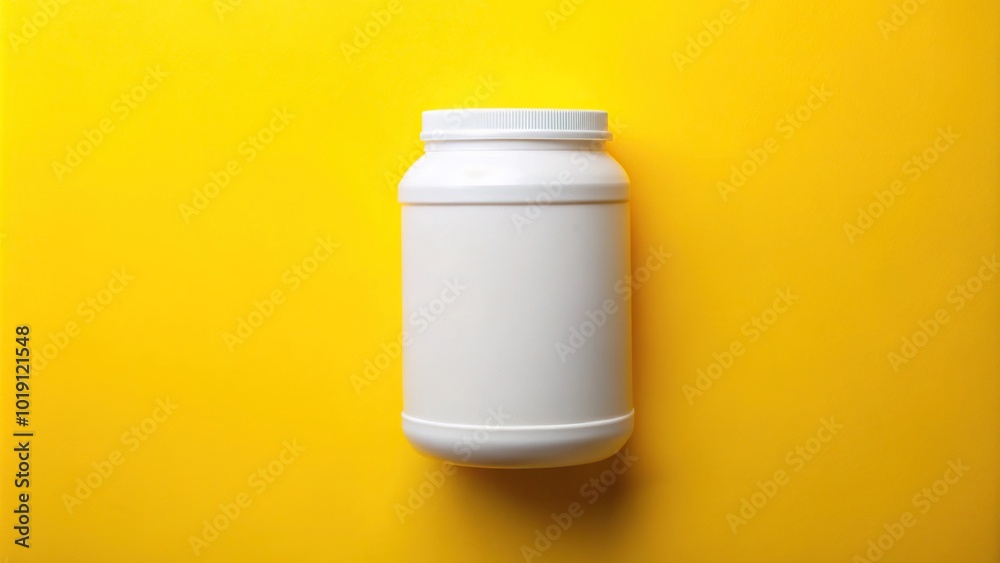Aerial view of white plastic jar of pesticides on yellow background Aerial view of white plastic jar of pesticides on yellow background
