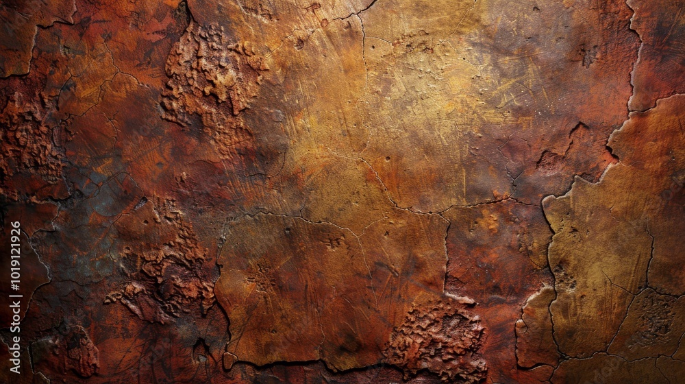 Close-up of a textured metallic surface with rich browns and golds. The uneven surface shows signs of wear and age.