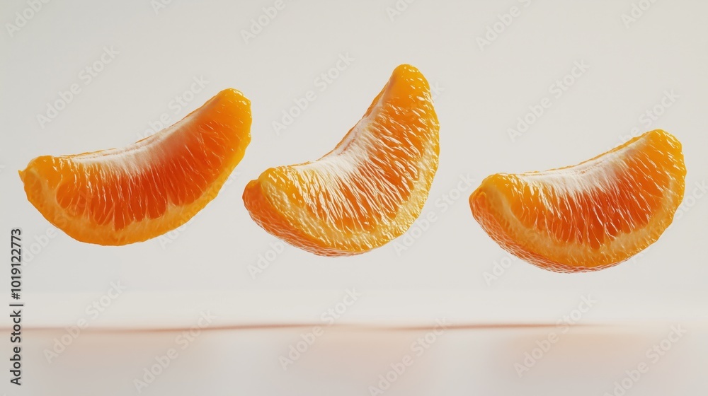 Close-up of orange slices in the air. Creating a sensation of movement and vitality. a sense of freshness and vibrancy.