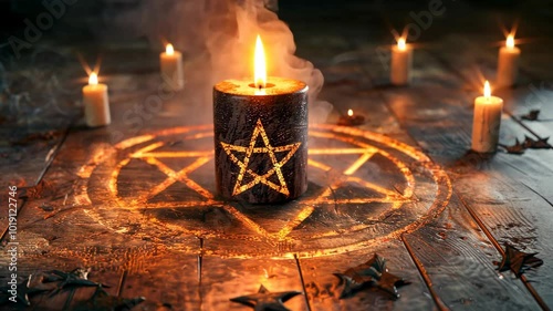 A black candle with a pentagram burns brightly in a circle of candles on a wooden floor