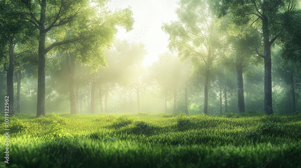 Obraz premium Sunlit Forest with Mist and Greenery