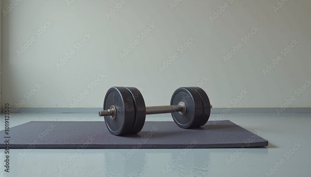Dumbbell resting on a gray mat in a minimalistic interior with a calm and neutral atmosphere Dumbbell resting on a gray mat in a minimalistic interior with a calm and neutral atmosphere