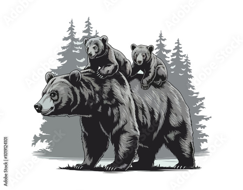A Mother Bear and Two Cubs Nature's Bond Vector Template