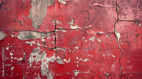 Close-up of weathered red paint peeling off a surface, revealing the texture beneath. This abstract backdrop has a raw and vintage feel.