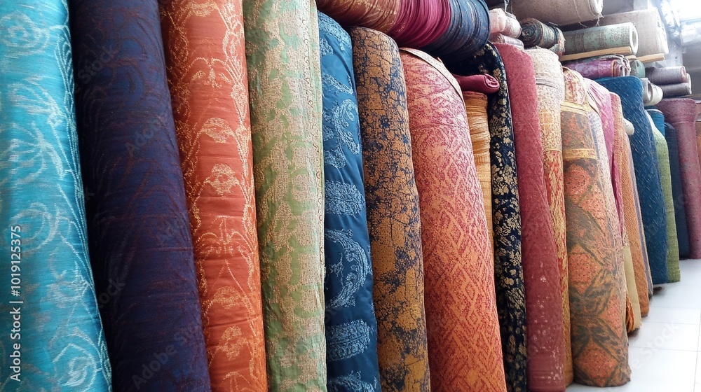 Colorful Rolls of Textile Fabric in Display Colorful Rolls of Textile Fabric in Display