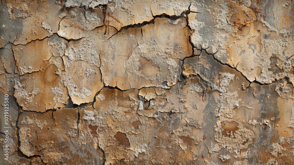 Close-up of a weathered, cracked, and peeling surface. The texture is rough and the colors are muted, creating a rustic and aged look.