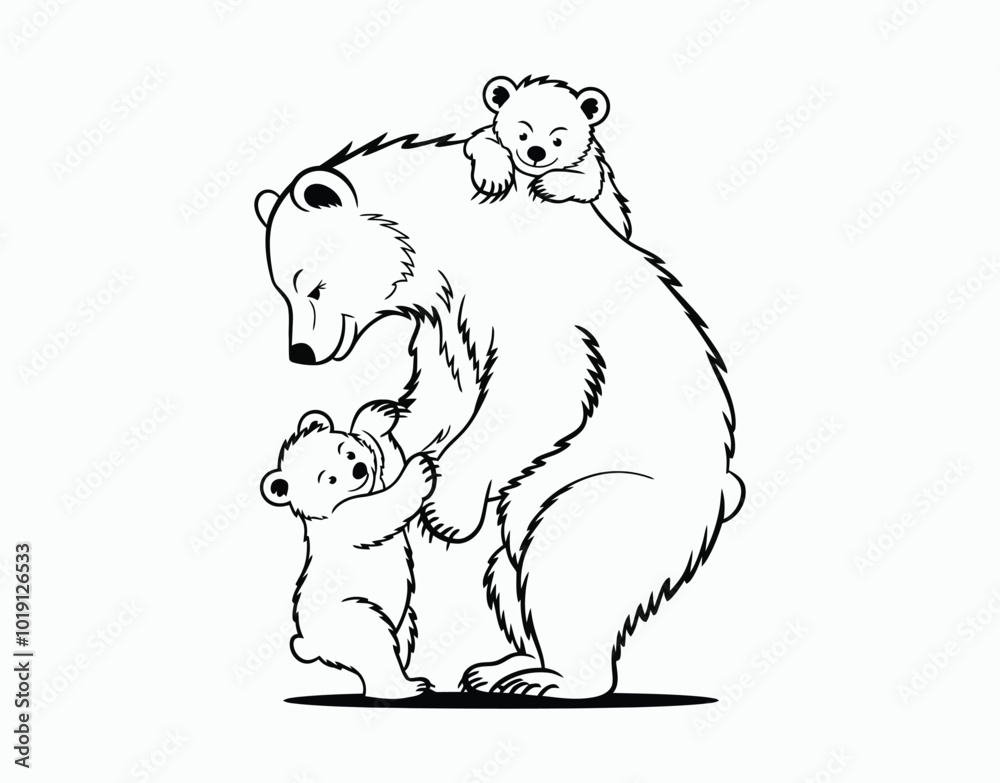 Silhouette Art of Bears Mother and Cubs' Joyful Moments Vector EPS Template