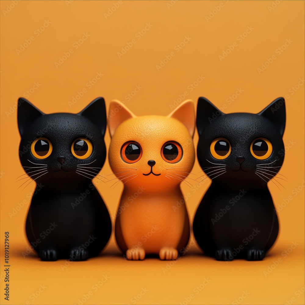 Fototapeta Cute 3D illustration of two black cats and one orange cat in a row with large expressive eyes