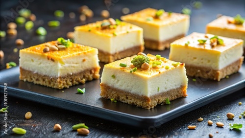 Macro image of small squares of lemon and coconut cheesecake with pistachios on a black plate