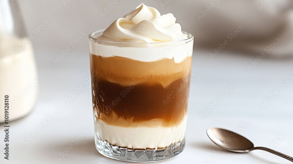 A tumbler of iced coffee with a swirl of cream on top. On a white table, a spoon is placed next to the glass. A tumbler of iced coffee with a swirl of cream on top. On a white table, a spoon is placed next to the glass.