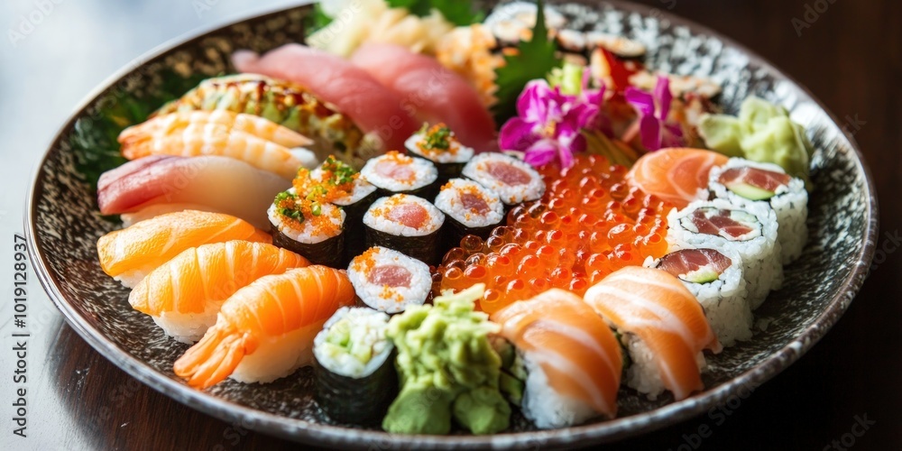 A platter of assorted sushi with salmon, tuna, shrimp, and avocado on a dark plate. A platter of assorted sushi with salmon, tuna, shrimp, and avocado on a dark plate.