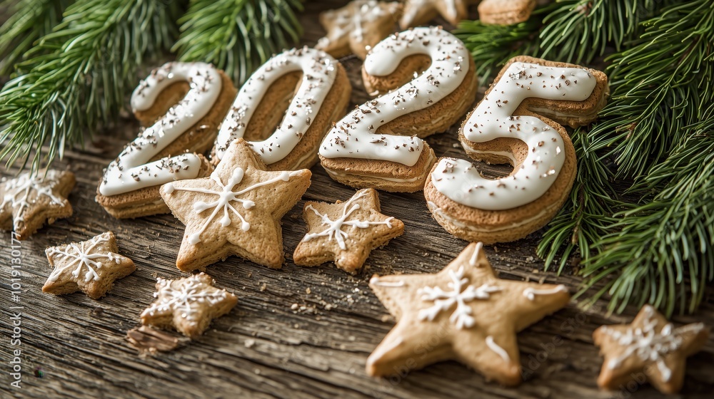 2025 gingerbread cookies with icing and decorative stars, set on a rustic wooden table. 2025 gingerbread cookies with icing and decorative stars, set on a rustic wooden table.