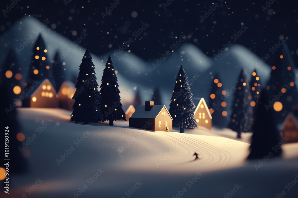 Enchanting Snow-Covered Village with Cozy Cabins and Pine Trees on a Winter Night Enchanting Snow-Covered Village with Cozy Cabins and Pine Trees on a Winter Night