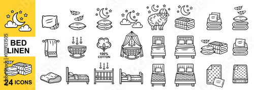 Bed linen, bedding sheet textile, bedroom furniture line icon set. Single, double bedclothes. Baby cot. Soft feather orthopedic pillow, blanket, mattress cover for sleep. Wool, cotton fabric. Vector