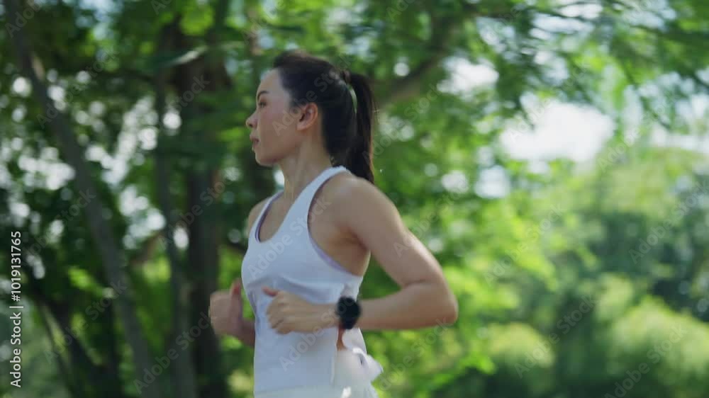 A woman is running in a park with trees in the background. She is wearing a white tank top and a watch A woman is running in a park with trees in the background. She is wearing a white tank top and a watch