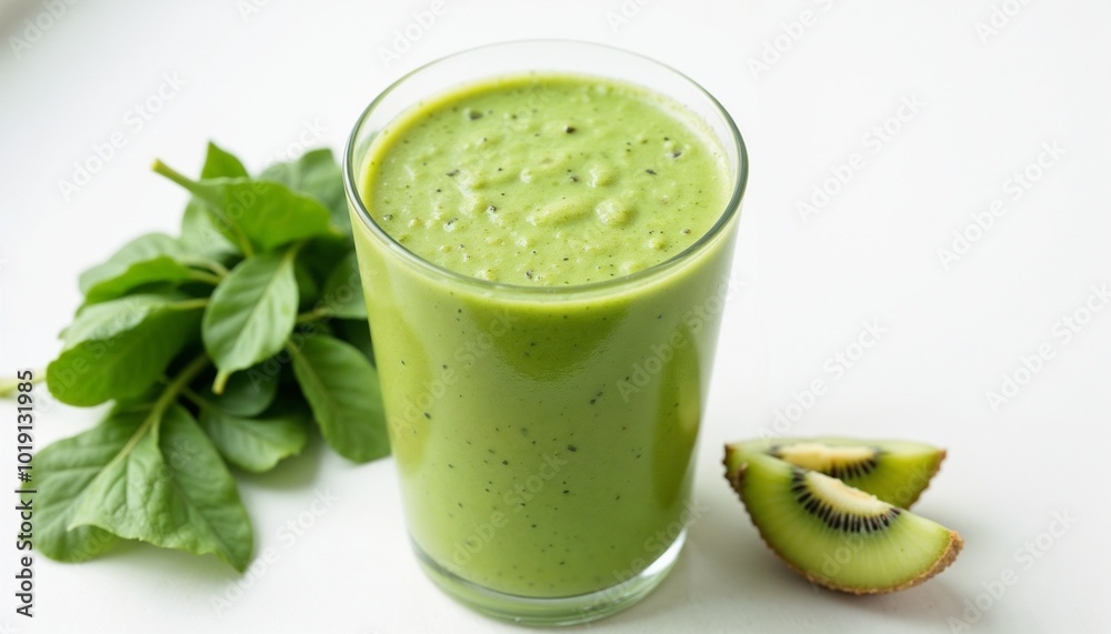 Green smoothie in a glass with spinach and kiwi on a white background for healthy diet promotion Green smoothie in a glass with spinach and kiwi on a white background for healthy diet promotion