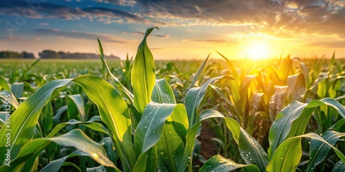 agriculture farm sunrise landscape with watered corn field