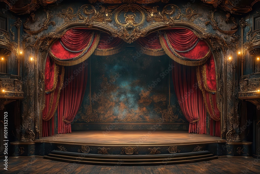 ornate theater stage with luxurious crimson velvet curtains golden tassels and antique footlights casting a warm glow intricate baroque details adorn the proscenium arch