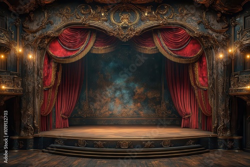 Obraz na płótnie ornate theater stage with luxurious crimson velvet curtains golden tassels and antique footlights casting a warm glow intricate baroque details adorn the proscenium arch w salonie