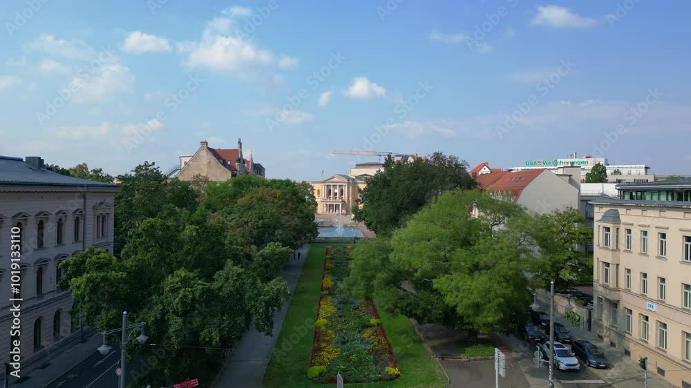 Fountains in front of Opera House halle saale Marvelous aerial view flight drone Fountains in front of Opera House halle saale Marvelous aerial view flight drone