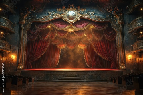 ornate theater stage with luxurious crimson velvet curtains golden tassels and antique footlights casting a warm glow intricate baroque details adorn the proscenium arch