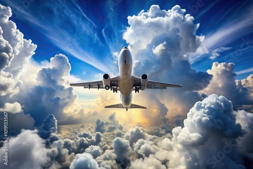 Airplane bottom view with fluffy clouds, symmetrical