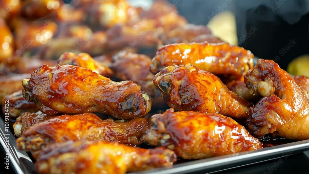 A close-up view of a tray of cooked chicken wings, glistening with sauce A close-up view of a tray of cooked chicken wings, glistening with sauce