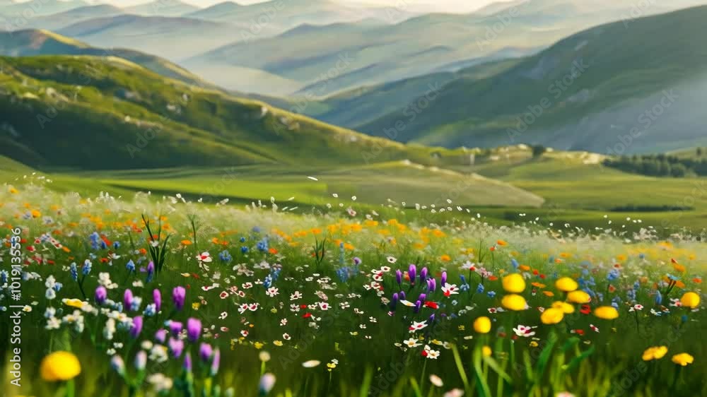 A field of wildflowers blooms in front of rolling hills A field of wildflowers blooms in front of rolling hills