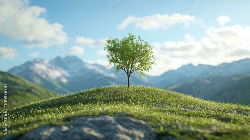 A small tree on a grassy hill with a blue sky and distant mountains
