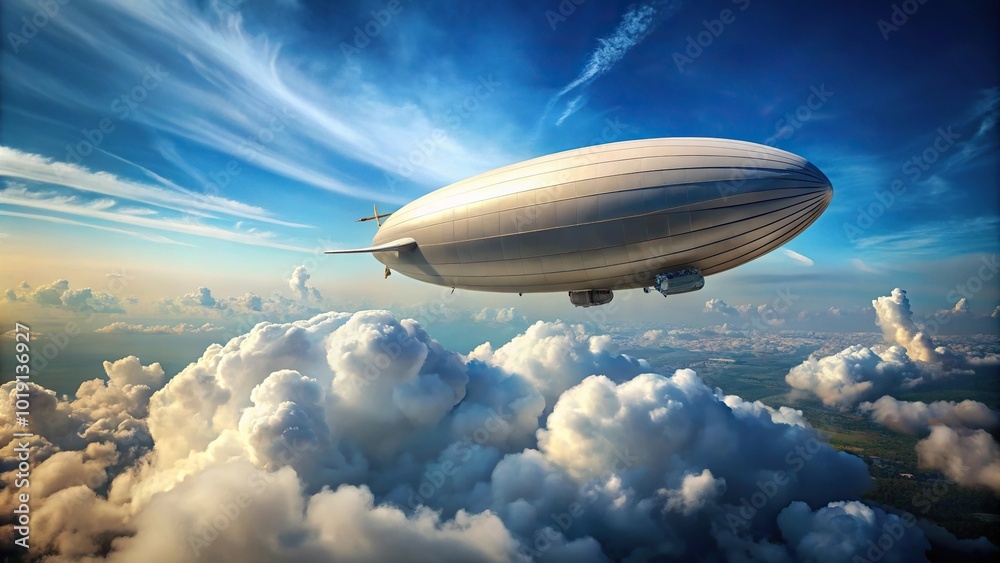 Fototapeta premium Airship flying in blue sky with white clouds