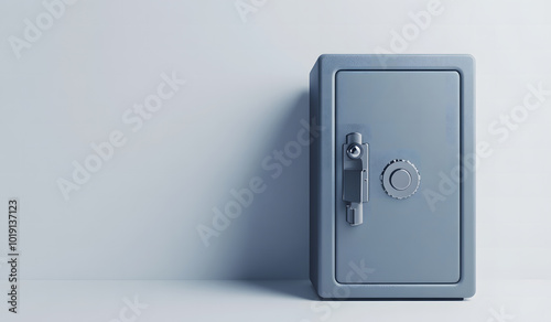 Metal safe with a combination lock and blank poster on the wall design