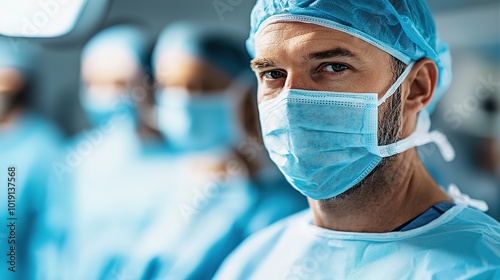 A focused surgeon in blue scrubs and mask, with a clean operating room background, exemplifying professionalism and care in a surgical environment.