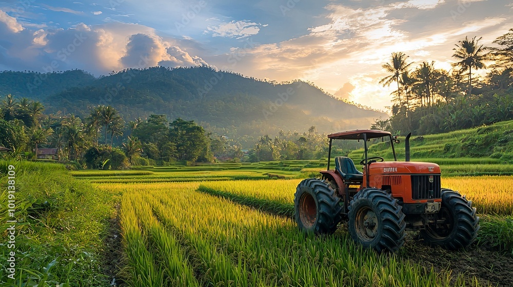 Fototapeta premium Tractor in a rice field with mountains in the background at sunset