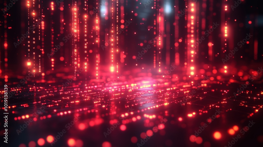 Red glowing data streams flow into a digital grid, symbolizing futuristic technology and the flow of information in a virtual network. Red glowing data streams flow into a digital grid, symbolizing futuristic technology and the flow of information in a virtual network.