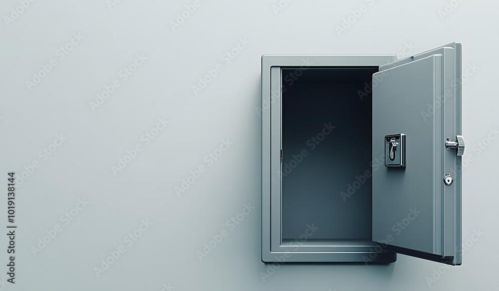 Metal safe with a combination lock and blank poster on the wall design Metal safe with a combination lock and blank poster on the wall design