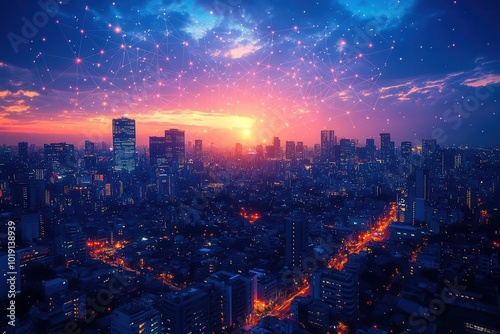 Wallpaper Mural overview of a bustling city skyline at night illuminated with glowing digital networks crisscrossing the urban landscape representing the interconnectedness of modern technology and city life Torontodigital.ca