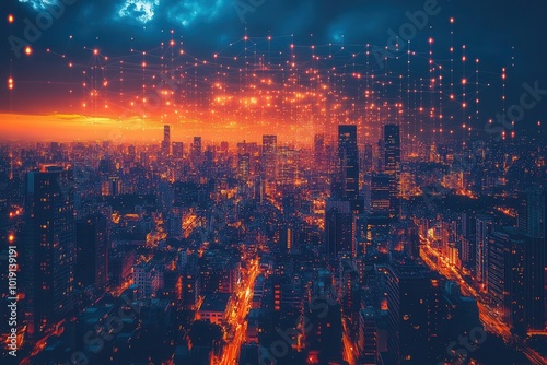 overview of a bustling city skyline at night illuminated with glowing digital networks crisscrossing the urban landscape representing the interconnectedness of modern technology and city life