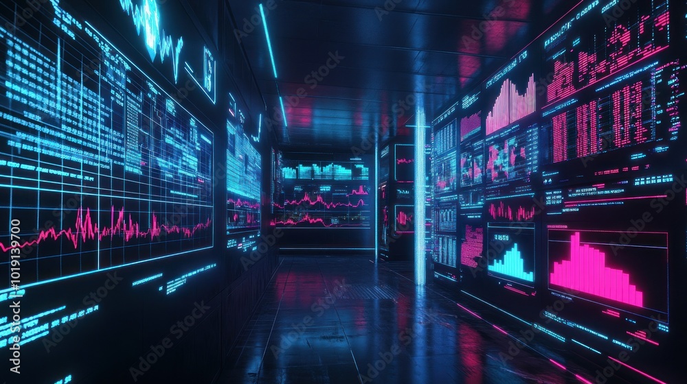A dynamic digital stock market trading floor with glowing screens displaying financial data and graphs under neon lighting, creating an intense atmosphere of fast-paced trading and analysis A dynamic digital stock market trading floor with glowing screens displaying financial data and graphs under neon lighting, creating an intense atmosphere of fast-paced trading and analysis