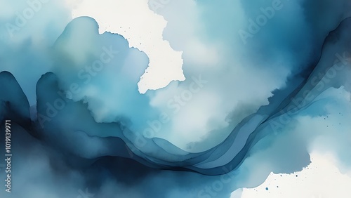 Abstract watercolor painting featuring a dynamic composition of blue and green hues splashes on a soft white background 