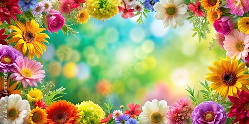 Macro shot of vibrant floral border with colorful flowers background