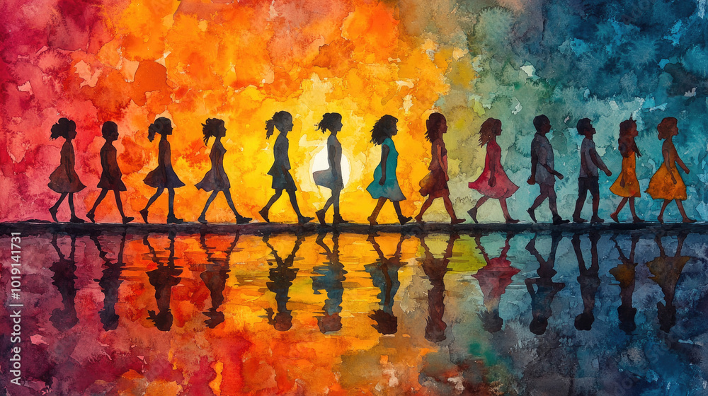 A group of children walks together by a serene body of water as a vibrant sunset casts bright colors in the background, reflecting their silhouettes A group of children walks together by a serene body of water as a vibrant sunset casts bright colors in the background, reflecting their silhouettes