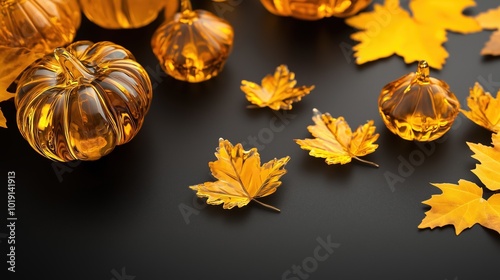 Glass pumpkins among yellow leaves on a black background