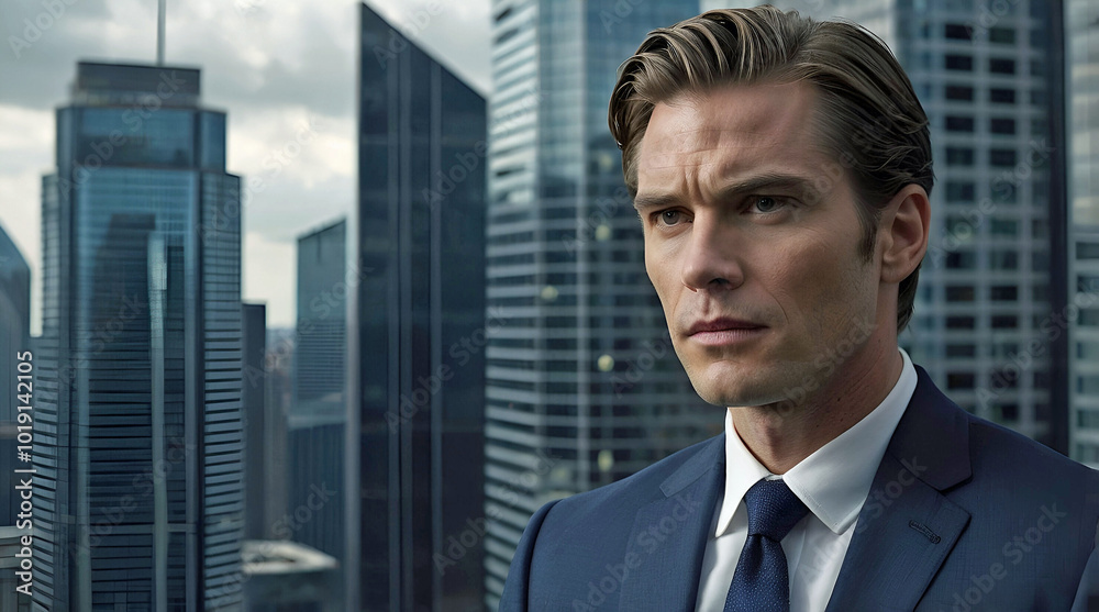 Confident Man In A Business Suit Standing Against A Modern Skyscraper Skyline Showing Determination And Professional Focus Confident Man In A Business Suit Standing Against A Modern Skyscraper Skyline Showing Determination And Professional Focus
