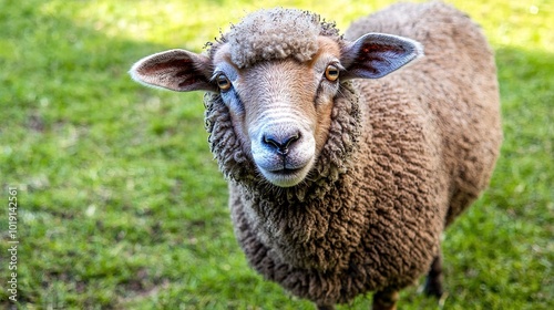 A close-up of a sheep with wooly fur, standing on green grass, showcasing its curious expression and distinctive features.