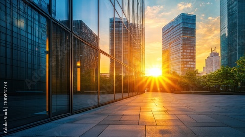 An impressive modern high-rise office building with a panoramic city view under a warm sunset. The glass and steel exterior reflects the vibrant sky, evoking professionalism and urban growth
