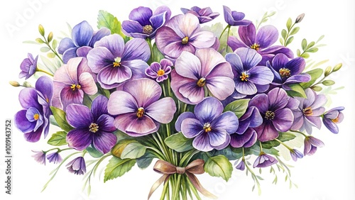 Macro watercolor painting of violets flowers in a bouquet on white background