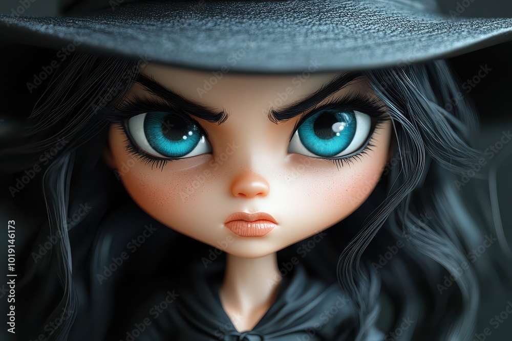 Close-up of blue-eyed witch with black hat in chibi style Close-up of blue-eyed witch with black hat in chibi style