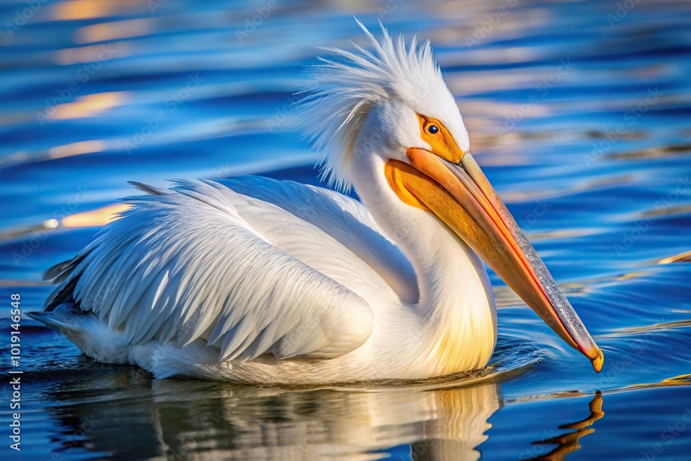 American White Pelican foraging in freshwater lake with fluffy feathers High Angle American White Pelican foraging in freshwater lake with fluffy feathers High Angle