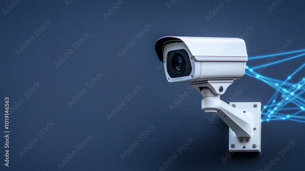 Camera is mounted on a wall with a blue background. The camera is connected to a network of wires Camera is mounted on a wall with a blue background. The camera is connected to a network of wires