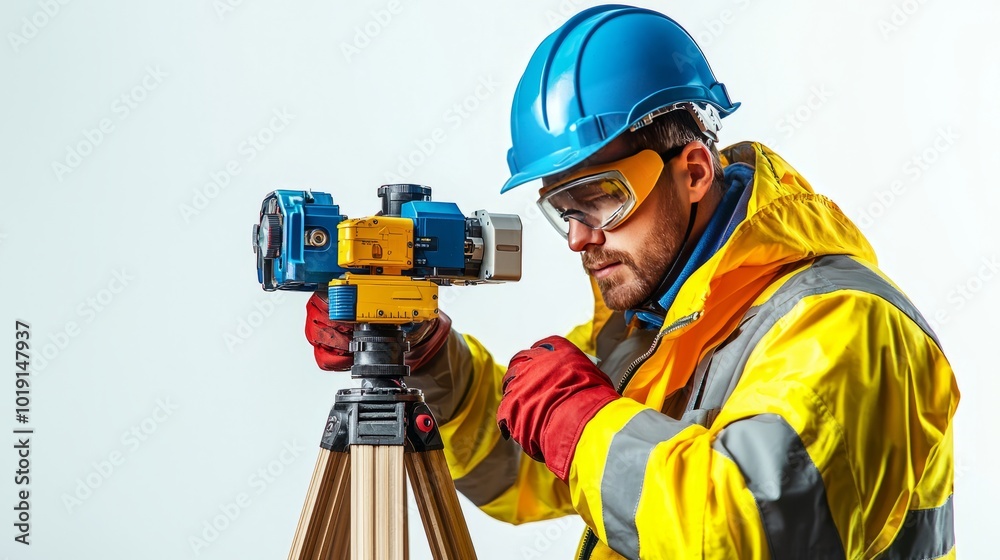 Construction worker using a surveying instrument outdoors in bright sunlight Construction worker using a surveying instrument outdoors in bright sunlight